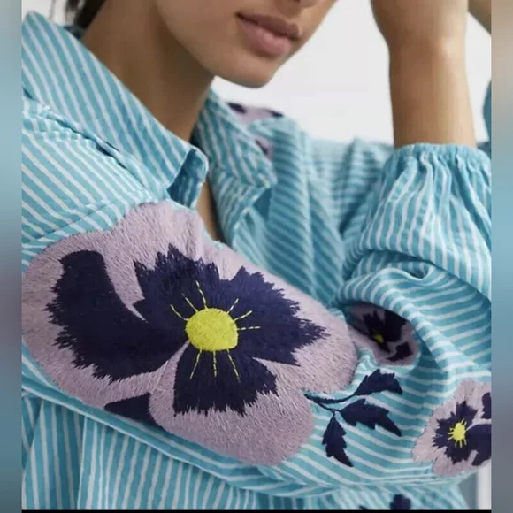 Anthropologie Maeve Floral Embroidered Buttondown Shirt Size XL Preppy - Picture 4 of 14